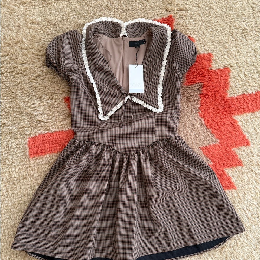 Zara Checkered Brown Mini Dress with Lace Trim